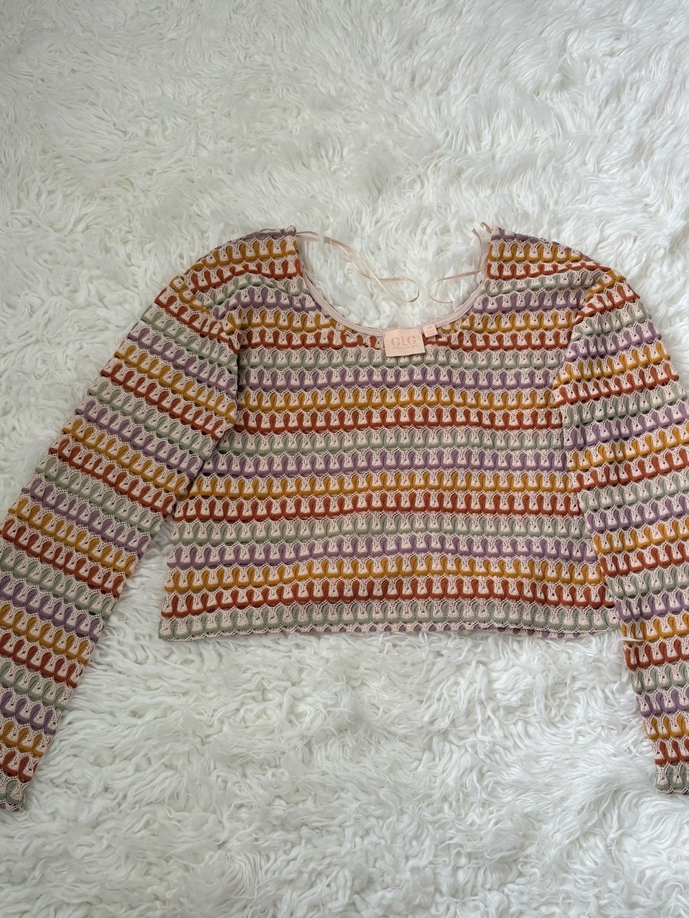 🔥 UNREAL GLG Good Luck Gem Open Knit Crochet Flared Sleeve Crop Top XS